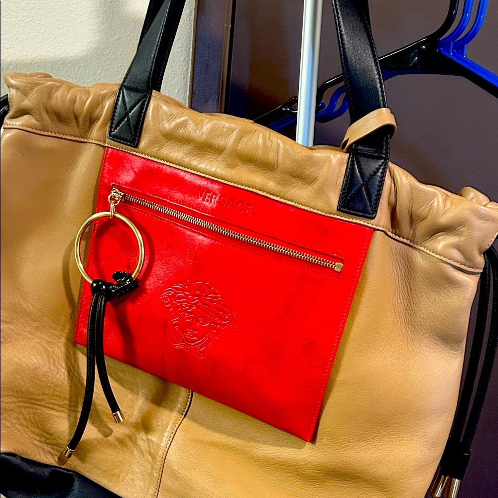 Versace Red and Tan Tote Bag